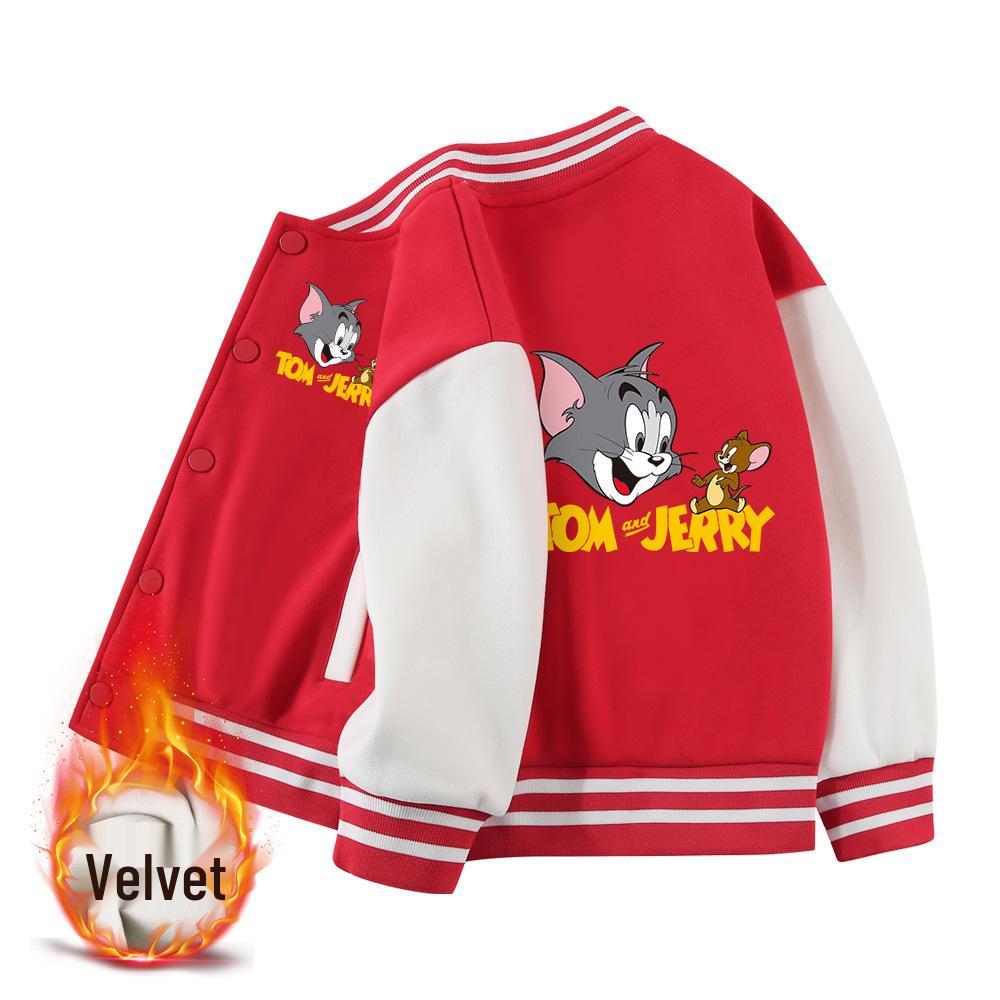 Tom and Jerry Thickened Boys' Baseball Jackets - Velvet Lined, Spring/Autumn Casual Wear