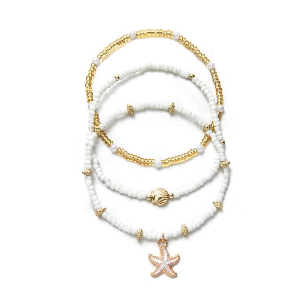 3Pcs/Set Summer Bohemian Style Starfish Rice Beads Shell Anklet Set for Women Multilayer Anklet Vacation Jewelry