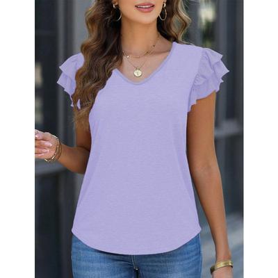 Damenmode, lässig, Sommer, Frühling, einfarbig, bedruckt, kurzärmelig, V-Ausschnitt, Blusen und Hemden