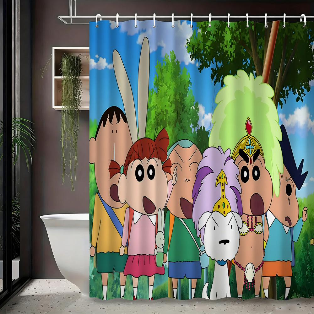 Crayon Shin-Chan & Friends Adventure On Rocks 2D Print Waterproof Shower Curtain, Blue Night Anime Bathroom Decor With Hooks