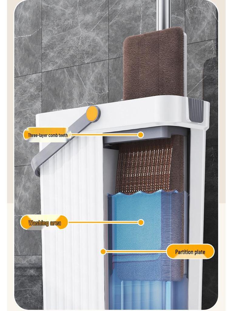 Kompaktes Wischmop- und Eimer-Set: Freihändiger Wasch- und Trocken-Flachmopp mit Schmalspalt-Schaber