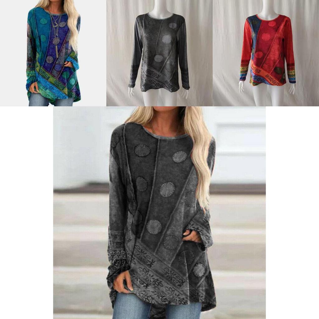 Plus Size Womens Hippie Boho Long Sleeve Tops With Soft Material And Floral Pattern