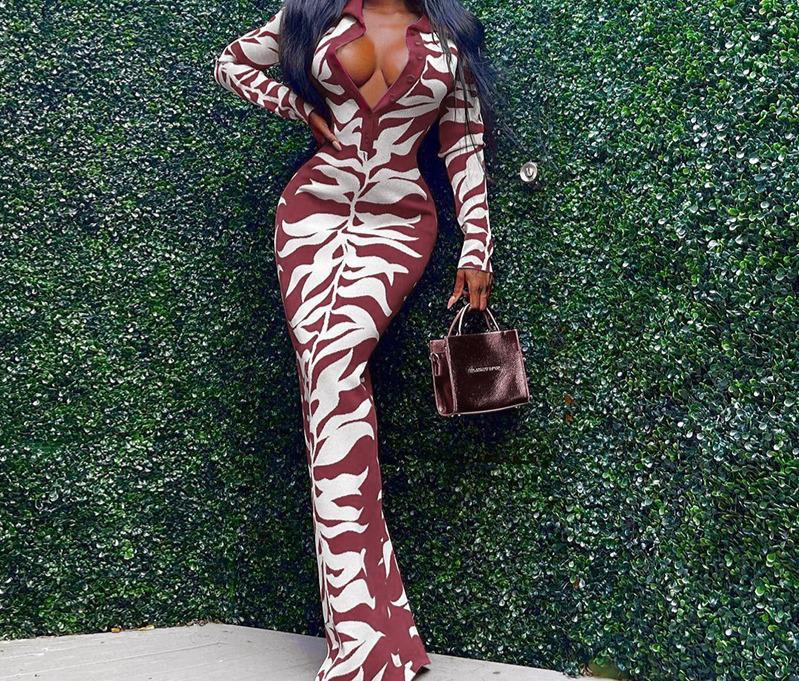 2025 Autumn/Winter Women's Bodycon Lapel Button-Down Printed Long Dress