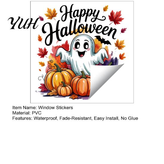 Halloween Window Clings Static Clings, Watercolor Pumpkin Ghost Skull Decals, No Removable Glass Decorations Glue Stickers for Living Room Store Front