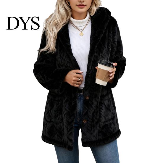 Long Sleeve Warm Coat Women Fleece Jacket with Pockets, Hooded for Fall Winter, Oversized Casual Button Front Cardigan Outerwear Cozy