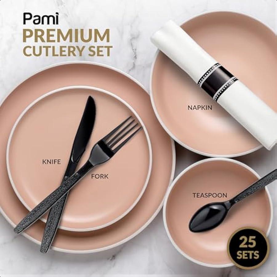 

Премиальный набор черных столовых приборов с ножом, вилкой, чайной ложкой и салфеткой, 25 наборов, сверхпрочный, изысканный одноразовый набор столовых приборов для свадеб а United States