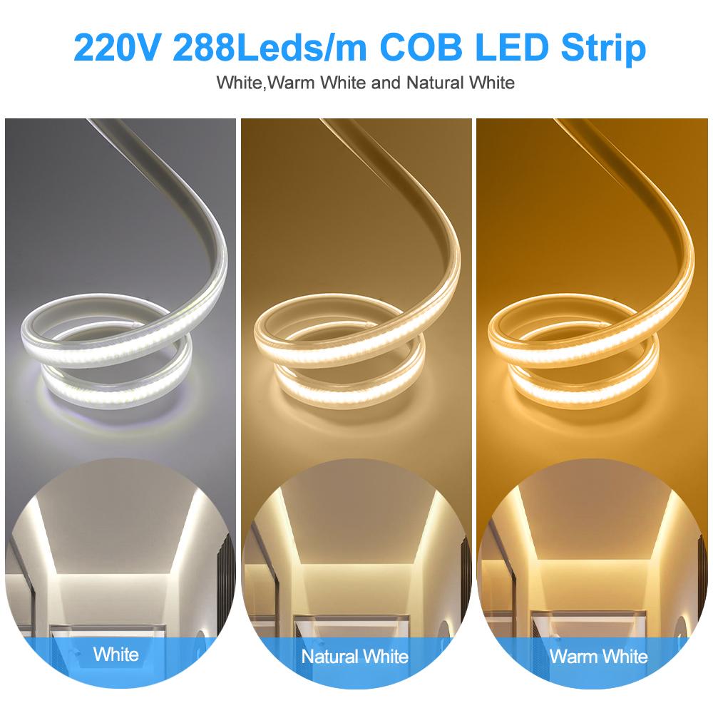 220V Tuya Wifi COB LED Strip Light Bluetooth Wall Touch Dimmable 23key Remote 750W Controller Kit 288Leds/m Waterproof Flex Lamp