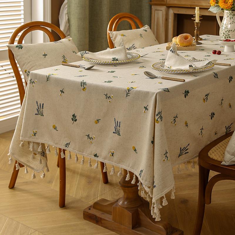 Amazon Popular Japanese-Style Striped Linen Tablecloth Tables And Chairs Simple Plain Tassel Atmosphere Decorative Cloth Dining Table