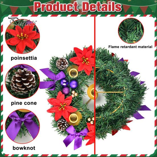 Christmas Wreath 12 Inch Reusable Artificial Pine Needle Wreath with 4 Candle Holders Christmas Wreath with Ribbon Pinecone Berries for Home