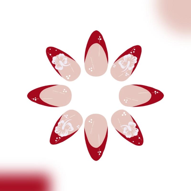 24 stuks Bloemen Plaknagels Amandelvorm Franse Tip Kunstnagel Glanzende Acrylnagel Plaknagel voor Festival en Dagelijks Gebruik