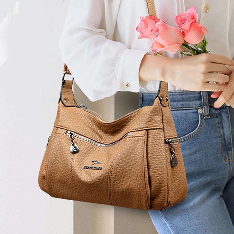 Women's Shoulder Bag Leather Versatile Double Layer Large Capacity Simplicity Retro High Quality Luxury Female's Crossbody Bags