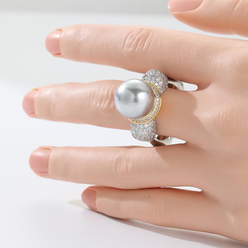 Vintage Inlaid White CZ Imitation Pearl Women's Ring Creativity Two Color Geometry Daily Wear Party Jewelry Anniversary Gift