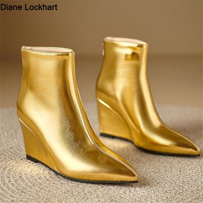 Fashion Winter Women Pointed Toe Booties Gold Silver Ankle Boots Footwear Platform High Heels Zip Wedges Shoes Woman Bota Feminina Botte