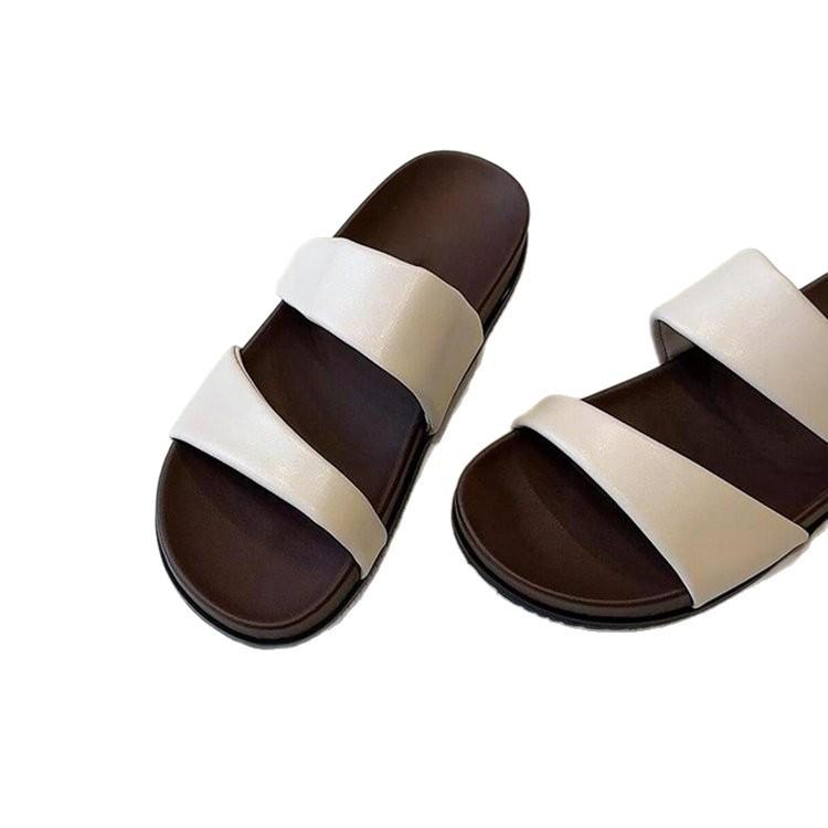 Soft Leather Version~ Summer New Niche Thick-soled One-word Cool Slippers for Women's Outer Wear Cover-toe Casual Beach Flat-bottomed Slippers for W