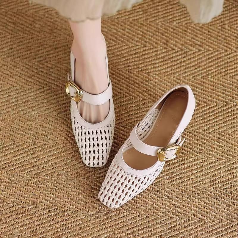 White high heels women's summer thick heels single shoes women's new breathable women's shoes French woven hollow bag head sandals