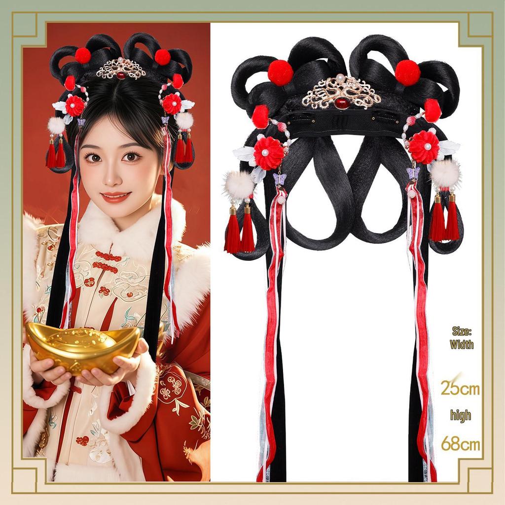 Ancient Hanfu Wig Accessory Set: Sweet Hair Bun with Tassel Flower Headdress for Women