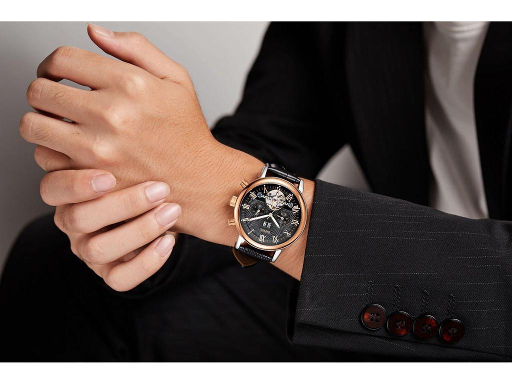 Herren Vollautomatische Multifunktionsuhr mit Lederarmband und Kalender