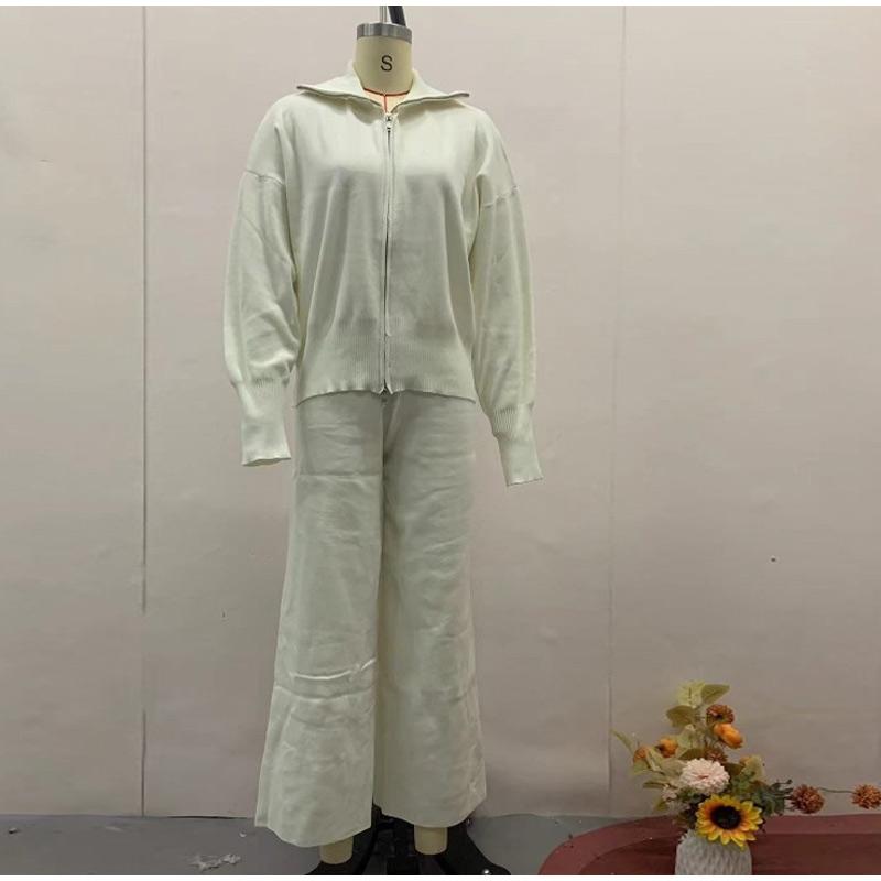 Lässiger Reißverschlussjacke-Pendleranzug Einfache einfarbige Streetwear Lange Hosen Outfits Frühling Herbst Gestrickte Damen Zweiteiler