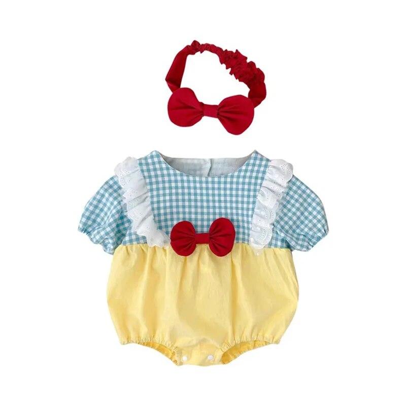 

Милый комбинезон принцессы с бантами, повязка на голову, летний комбинезон для новорожденных, одежда с короткими рукавами для маленьких девочек, цельный комбинезон в Корейском стиле, 2 шт. 90cm