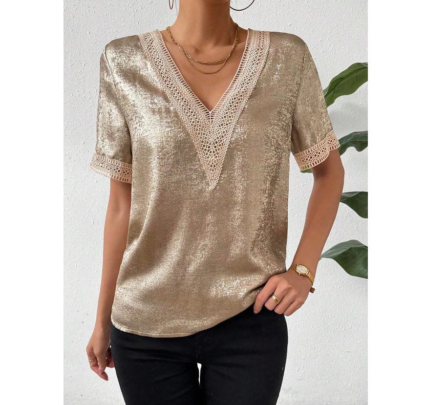 

2024 Elegant Lace V-Neck Short-Sleeve T-shirt for Women M
