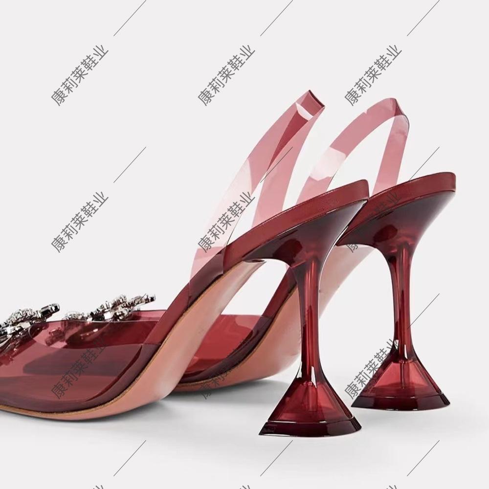 French crystal high heels women's spring rhinestone sun buckle pointed bag head transparent stiletto sandals