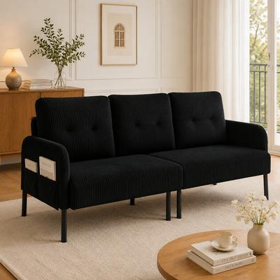 Corduroy Three-seater with Comfort Upholstery, High Backrest and Side Pockets. Sturdy Metal Feet. For Living Room, Bedroom or Home Office.
