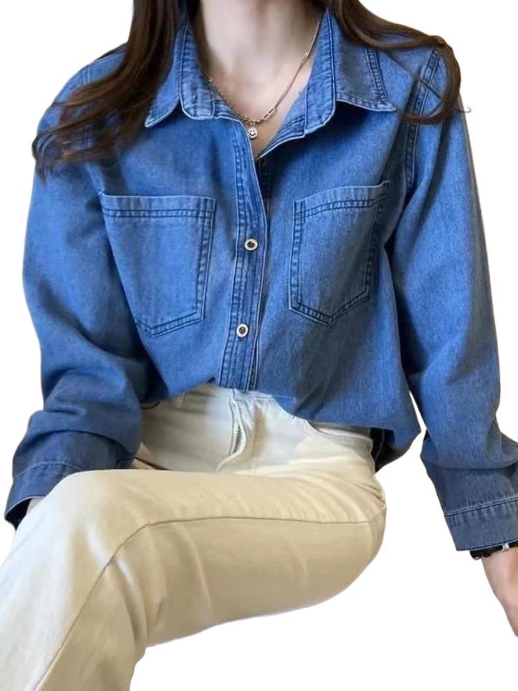 Retro Übergröße Damen Denimhemd - Hong Kong Stil, vielseitiges koreanisches Langarm-Oberbekleidungs-Top.