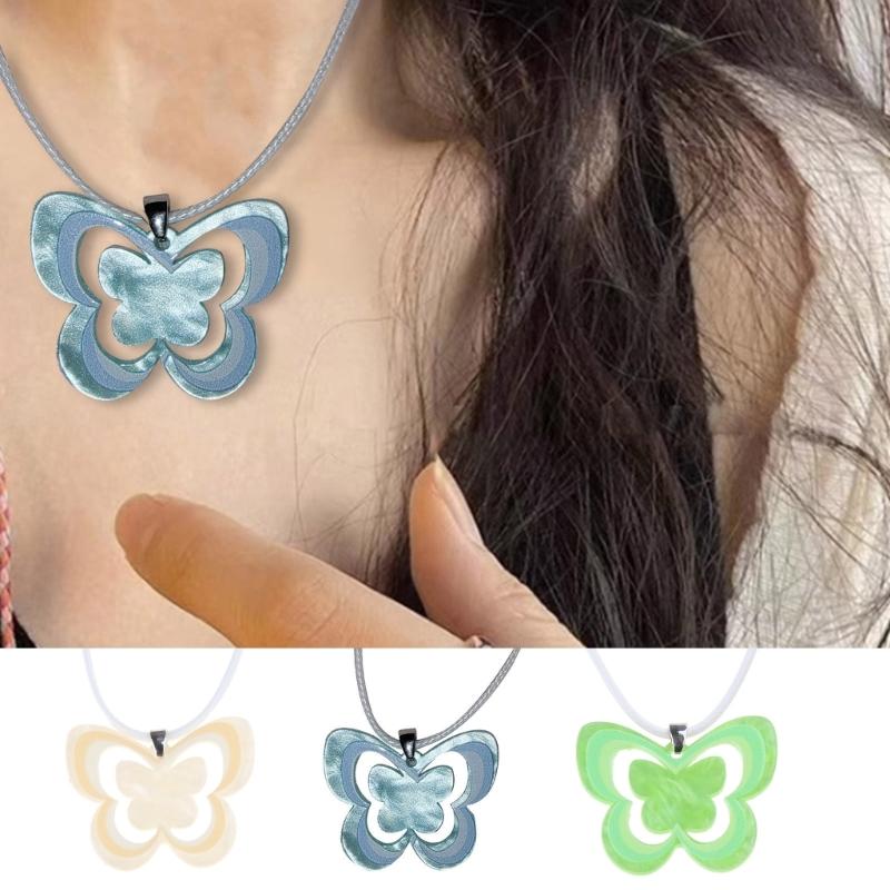 Charming Countryside Style Butterfly Necklace Acrylic Butterfly Charm Clavicle Chain Crystal Cord Choker Jewelry Gift