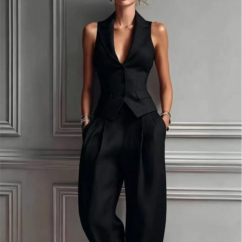 Women Two Piece Vest Pants Suit V Neck Sleeveless Button Waistcoat High Waist Pleated Wide Leg Trousers Business Office Outfit
