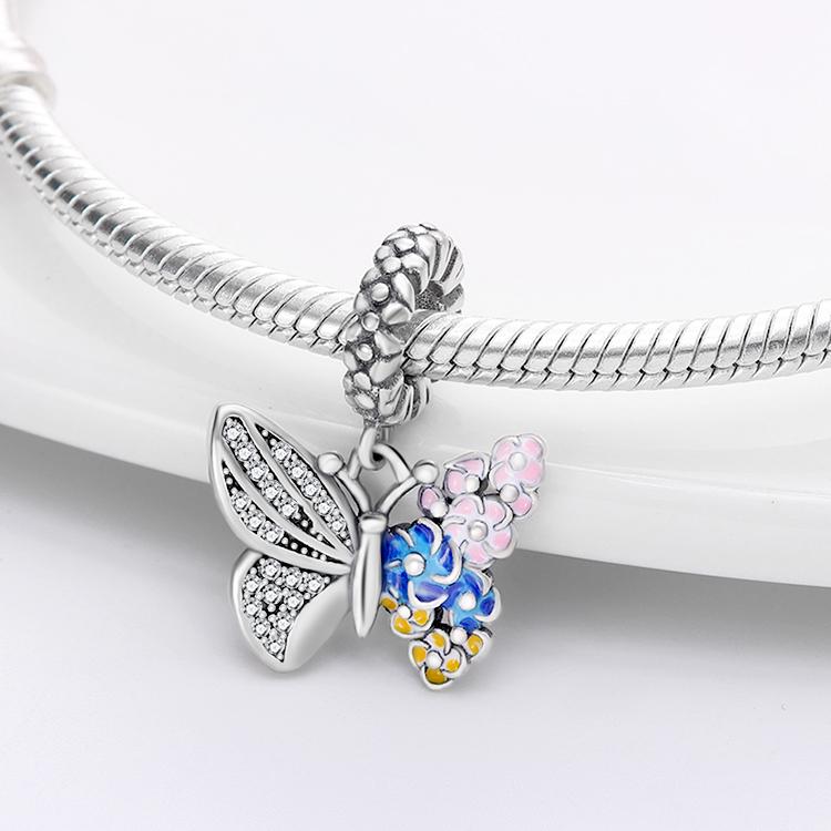 Charms Original Copper Blue Flowered Butterfly Pendant Beads Fit Bracelet Diy Fine Gift Women Delicate Jewelry Acce