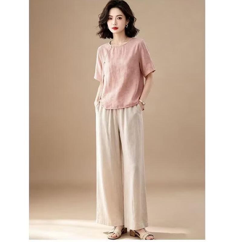 EST+II Women's Round Neck Short Sleeve Top & Wide-Leg Pants Set