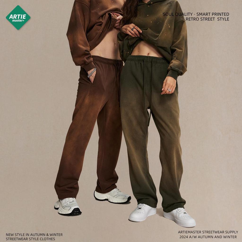 2024 Autumn Retro American Distressed Men's Drawstring Sweatpants - 450g Casual Loose Fit