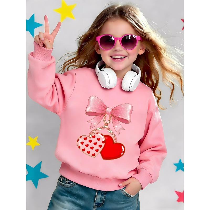 Cute Printed Pattern 0-3 Years Girls' Spring Lightweight Round Neck Sweatshirt with Sequin Bow and Heart Design