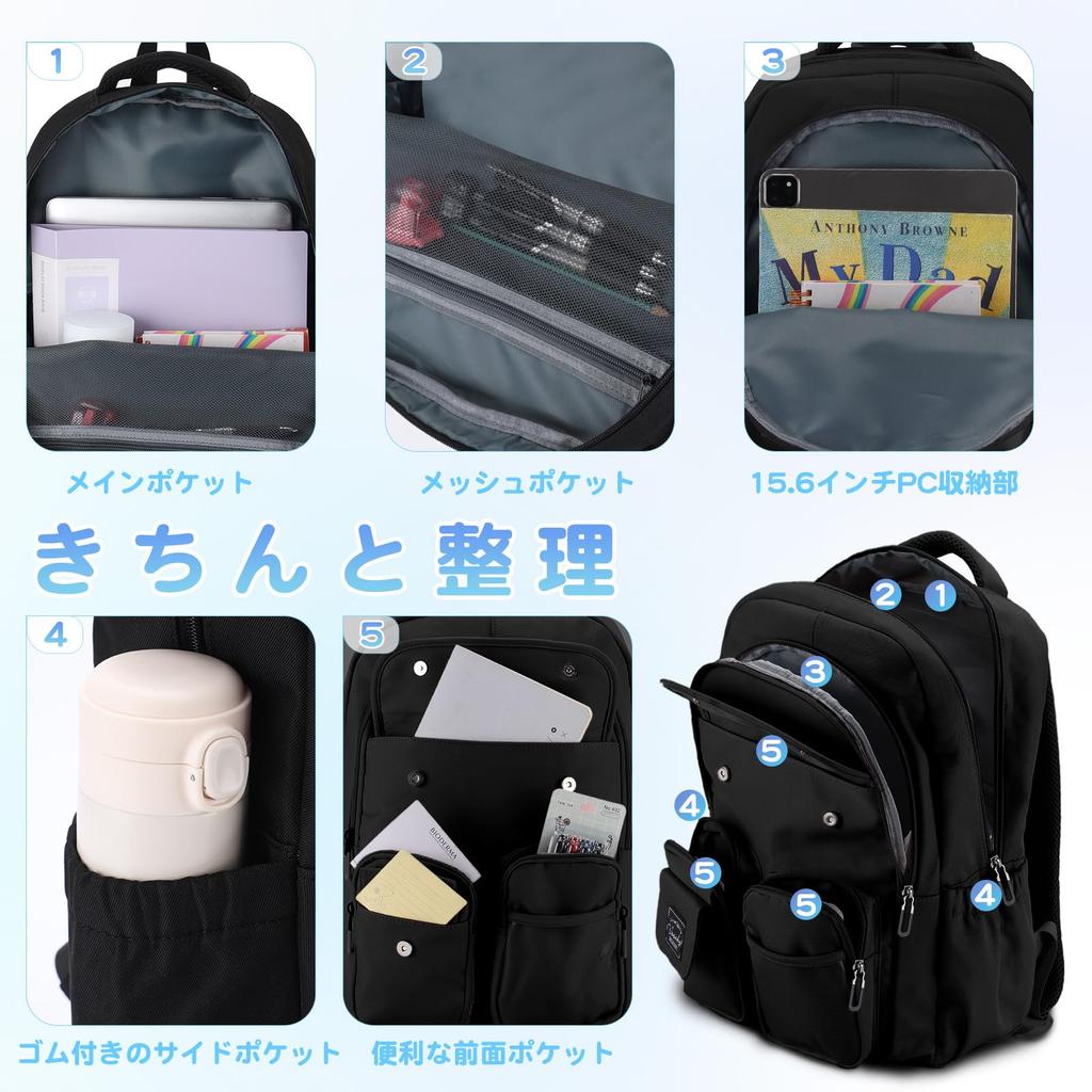 Vaschy Rucksack mit großem Fassungsvermögen für und High School 15 A4 Perfekt für Grund- und Mittelschule Schwarze Mädchen, Schule, Schüler, Taschen, Größe,