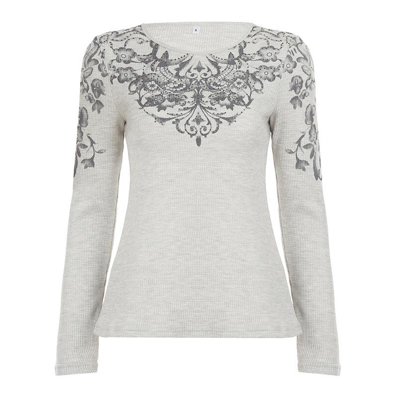 Women s Autumn Casual Retro Printed Knit Long Sleeve Top with Round Neck and Versatile Waffle Knit A-line Design Small серый