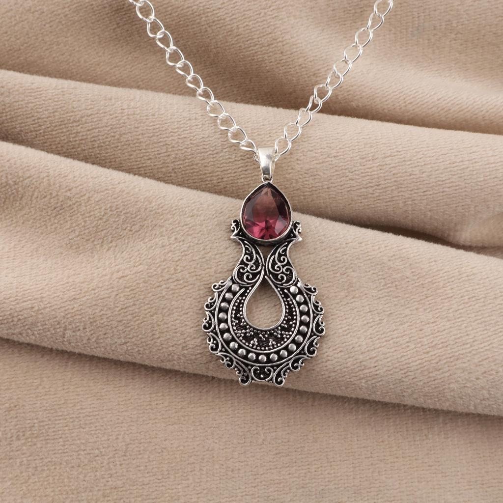 Natürlicher Rhodolith Edelstein 925 Sterling Silber Oxidiert Anhänger 1,8" Silberschmuck Hochzeitsgeschenk Für Braut/Sie CP-45-16