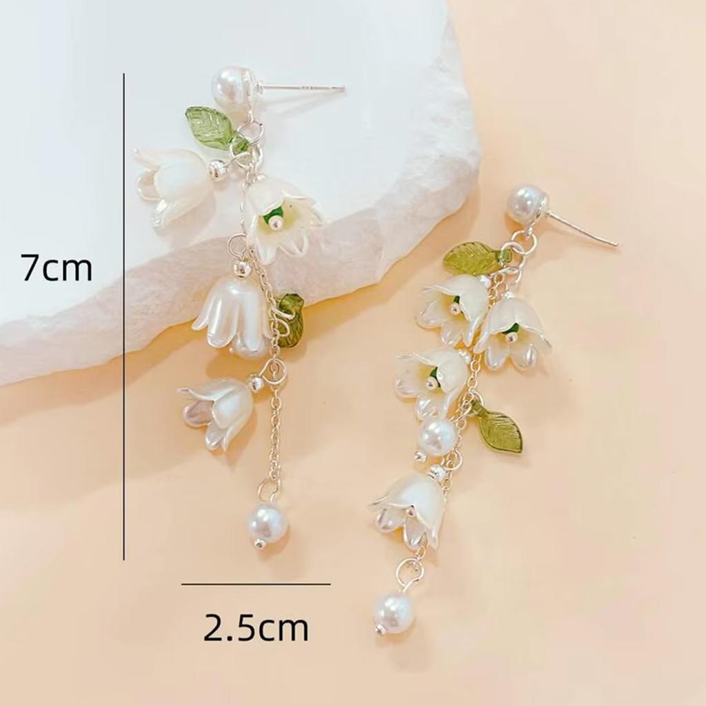 Orecchini Pendenti Tulipano Bianco Foglie Verdi per Donna Lucentezza Perlacea Forma a Fiore Nappa Lunga Orecchini alla Moda Y2K Francese Romantico