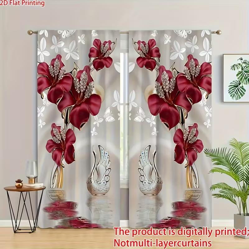 2pcs Red Floral & Swan Patterned Curtains, Design for Living Room Bedroom Elegant Home Window, Rod Pocket Curtains