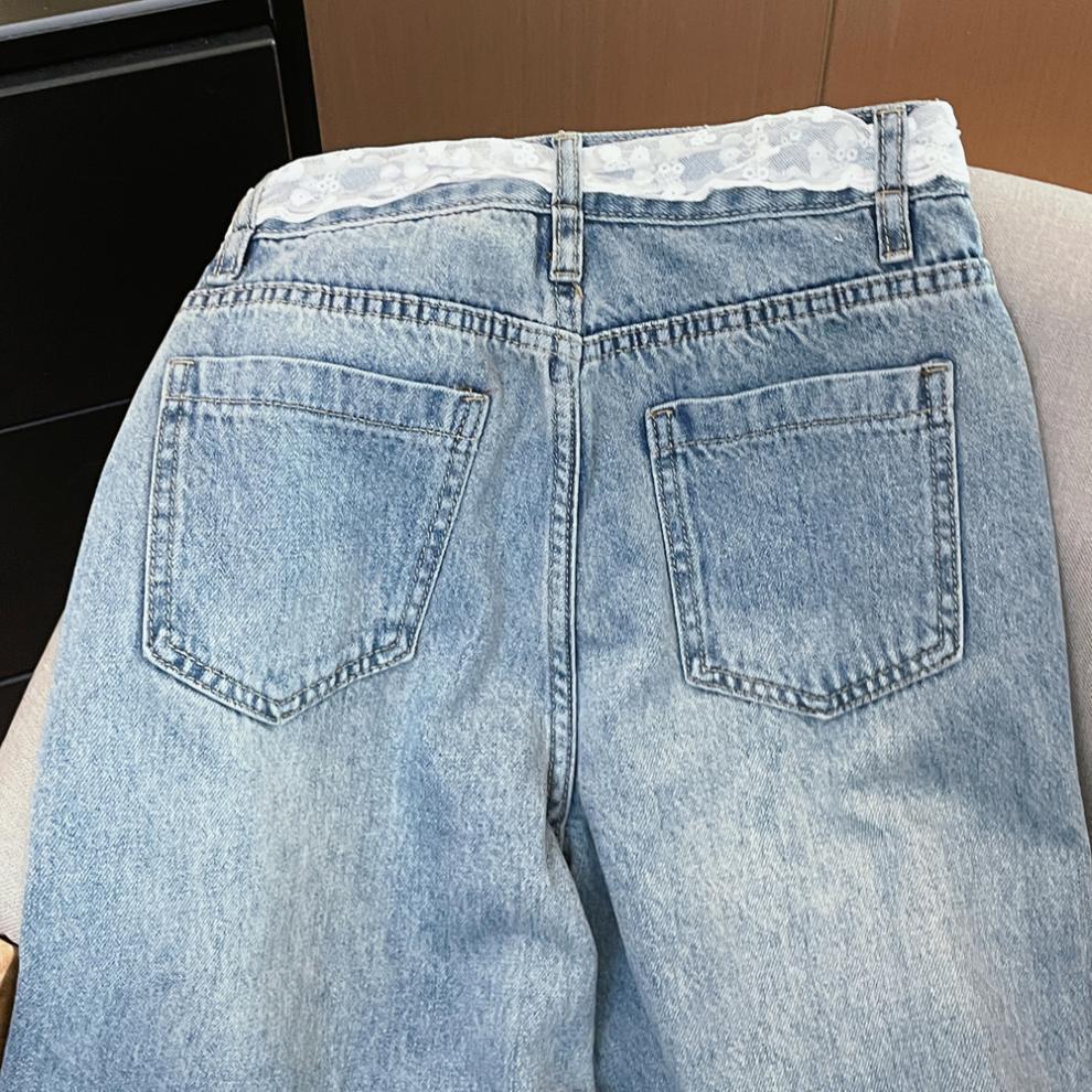 Korean Style High Waist Cuffed Denim Wide-Leg Pants with Lace Belt