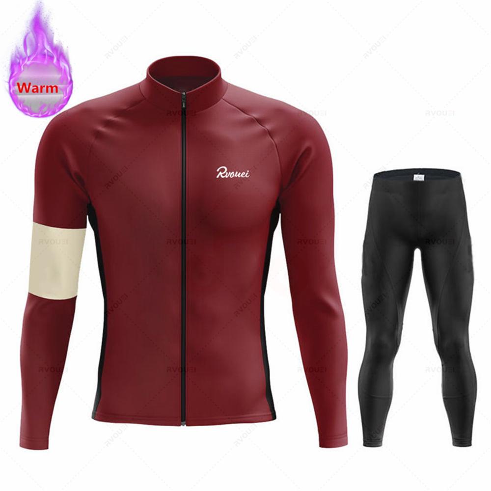 Winter Rvouei Cycling Clothing Men's Thermal Fleece Bicycling Clothing Set Outdoor MTB Bike Bib Pants Ropa Maillot Ciclismo