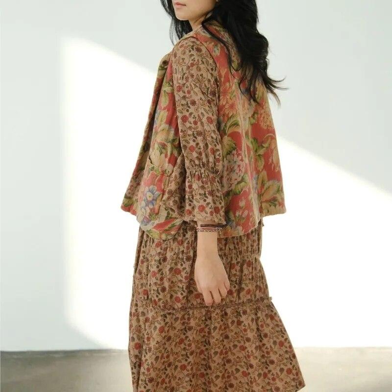 Johnature Dámské vintage nepravidelné šaty s květinovým potiskem, výstřihem do V a sedmirukávovými rukávy, podzimní měkké dámské šaty