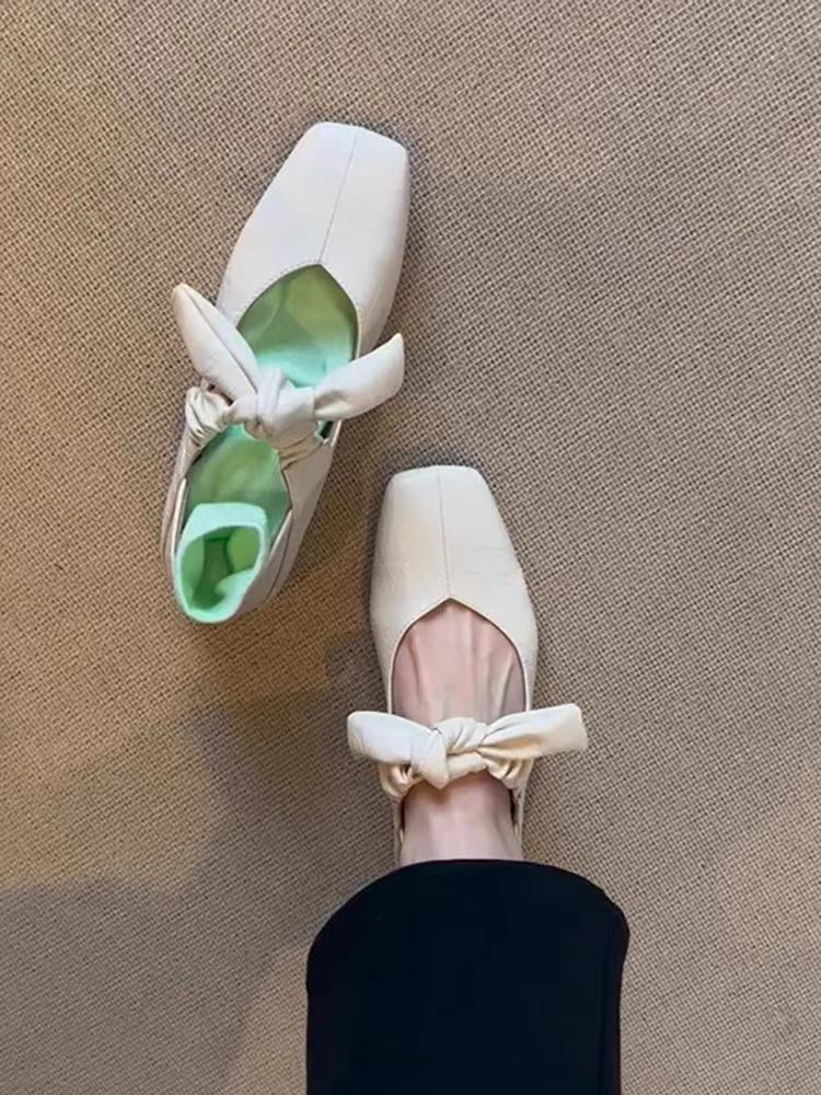 Flat single shoes women's bow word with shallow mouth small square head Mary Jane women's shoes spring and summer sweet and cool ballet shoes