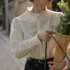 Autumn Winter Ruffles Stand Collar Elegant Fashion Cotton Shirt Women Long Sleeve Bottomed Blouse Cardigan Top