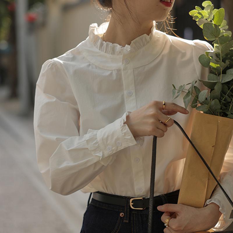 Autumn Winter Ruffles Stand Collar Elegant Fashion Cotton Shirt Women Long Sleeve Bottomed Blouse Cardigan Top