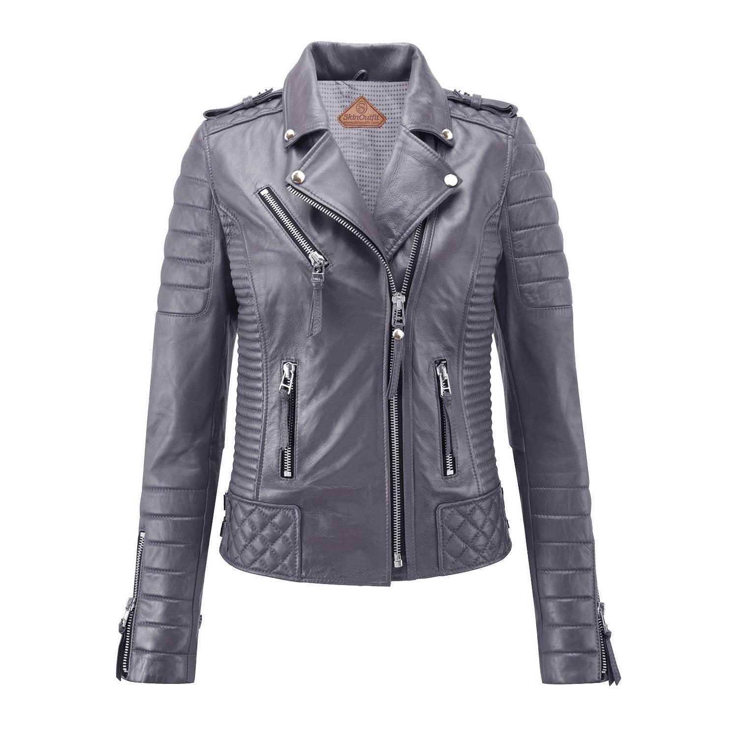 

SKINOUTFIT Women s Motorcycle Leather Jacket Genuine Gray Lambskin Cafe Racer Biker Outerwear XS сірий колір