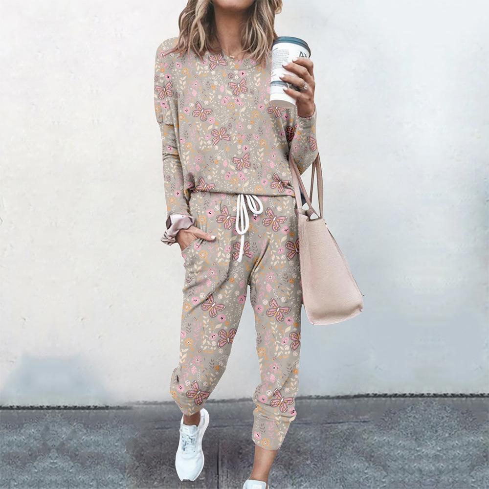 High-End Fashion Sports Sweater Set Women'S Autumn Loose Casual Long-Sleeved Printed Top Bundle Leg Pants Two-Piece Set