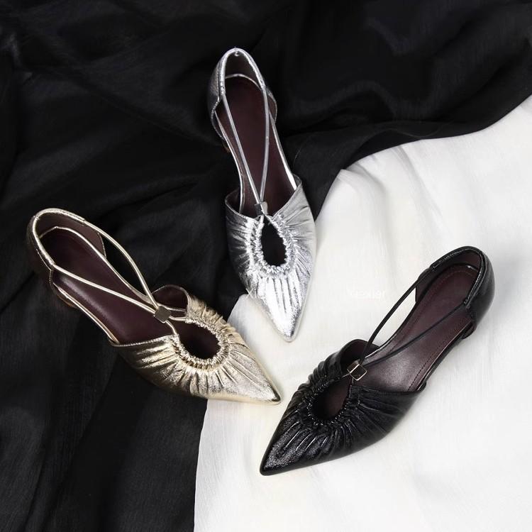Sheepskin version~ Summer temperament single shoes pointed hollow pleated shoes Ou Ruofeng wears light mouth silver sandals