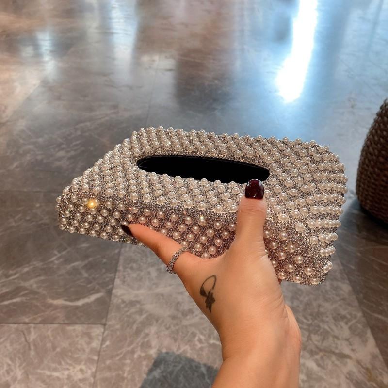 Luxury Pearl Rhinestone Car Tissue Box Desktop Holder Living Room Bathroom Multi-Use Stainless Steel
