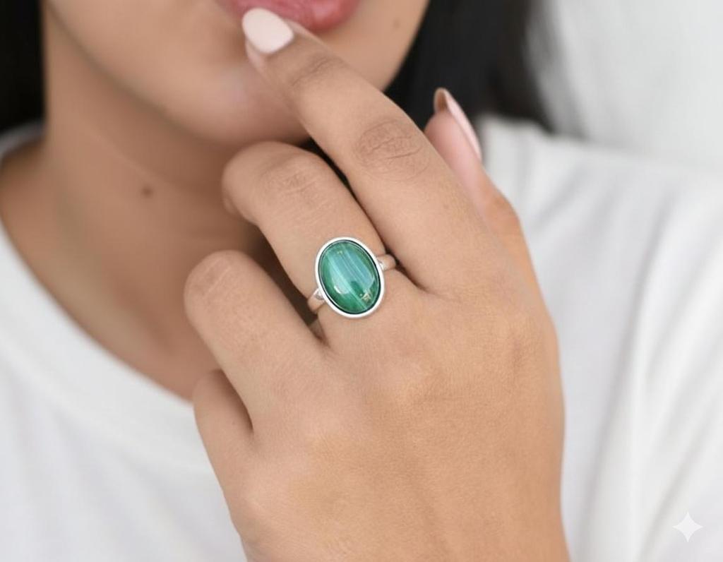 Green Malachite Statement Ring, 925 Sterling Silver, Minimalist Boho Ring, Handmade Gemstone Ring for Women