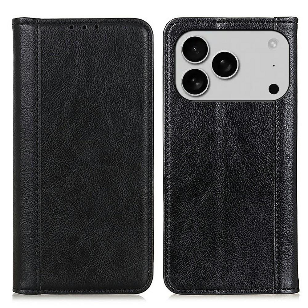 

For iPhone 17 Pro Stand Case Split Leather Litchi Texture Wallet Phone Cover Black